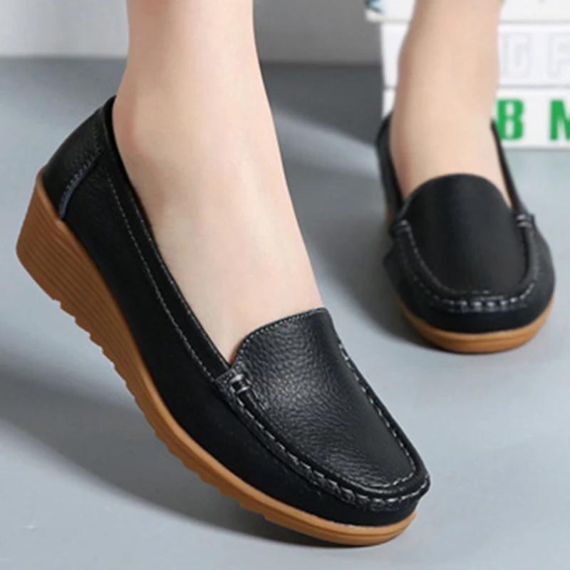 Black Women Shoes Soft Leather Shoes With Heels Loafers Flat Shoes Women's Moccasins Casual Zapatos Mujer Flats Female Footwear