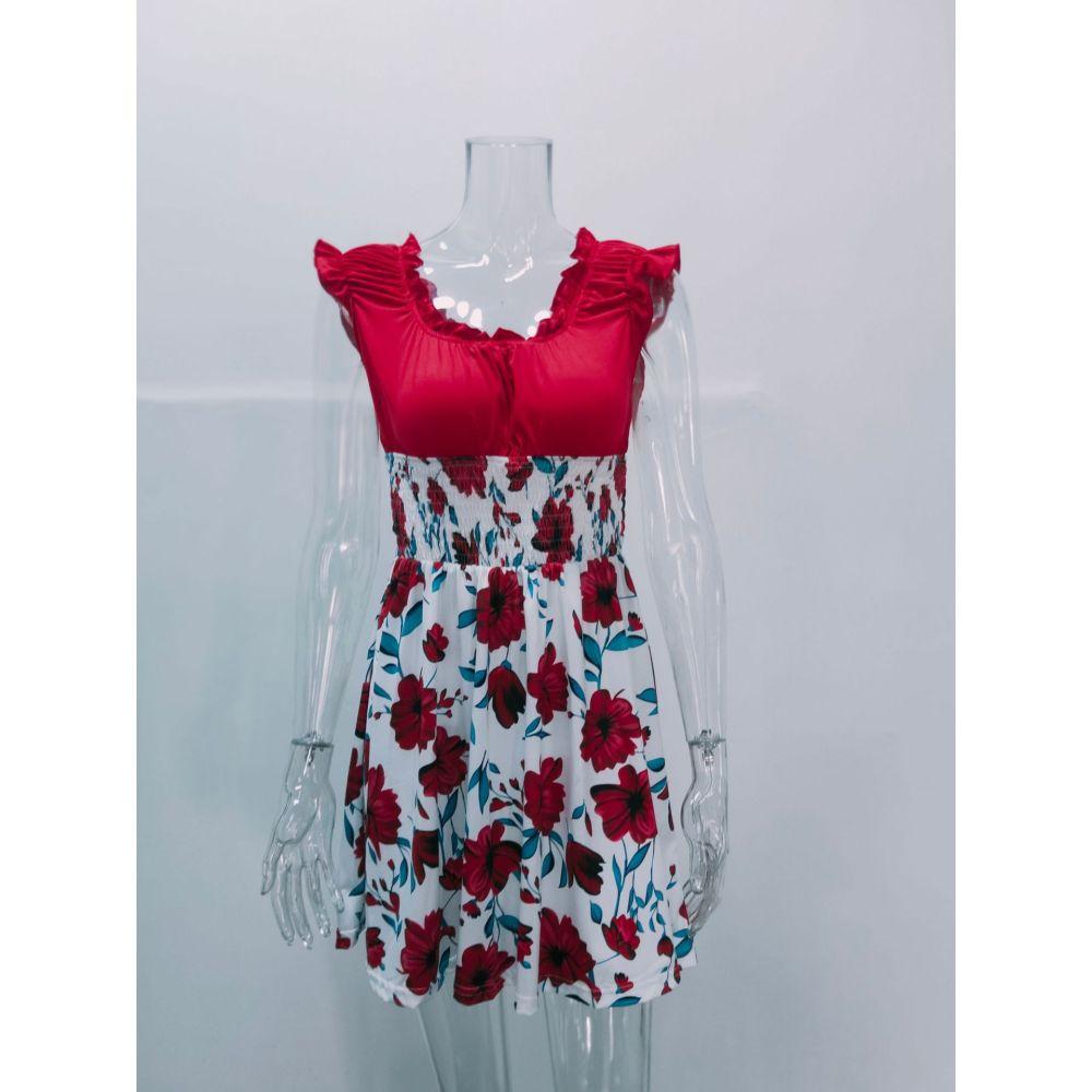Women's Summer Dress Sleeveless U-neck Waist Short Printed Dress