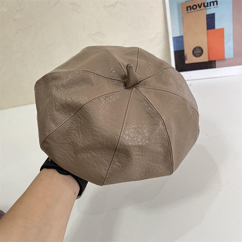 Jesienno-zimowy mały standardowy beret ze skóry liczi damski wszechstronny retro kapelusz dyniowy modny jednolity kolor wysmuklający twarz