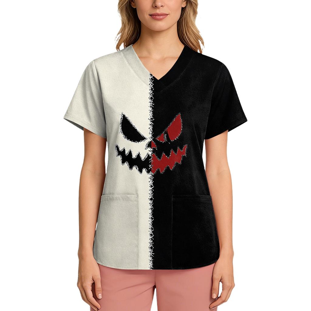 Women's Short-sleeved Halloween Print V-neck Pocket Protective Work Shirt