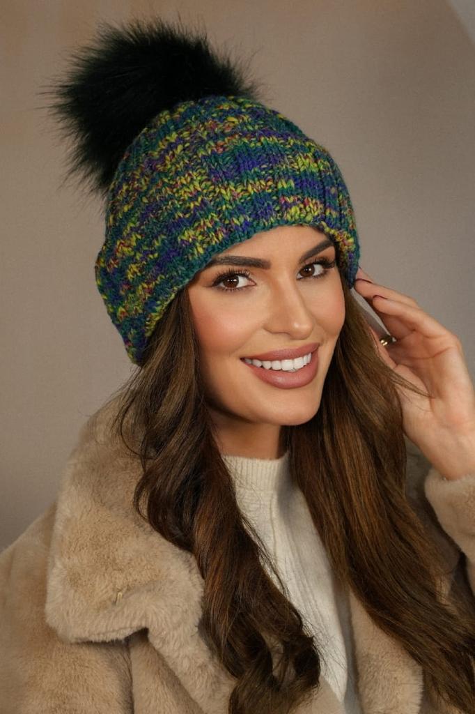 Winter Hat with Eco Pompom In Green Kamea-Pavone
