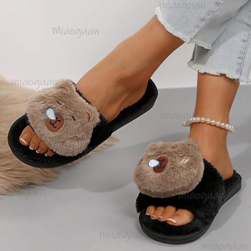 Winter Cute Cartoon Animal Plush Slippers for Women Comfortable Soft Sole Indoor House Shoes Woman Non Slip Fluffy Fur Slides