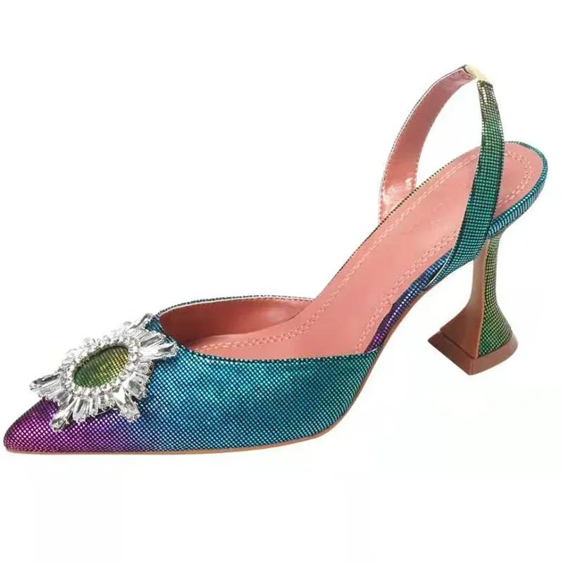 2024 New Gradient Rainbow 3D Sandals Sun Buckle Rhinestone Slippers Wine Glass Heel Fashion Women's Shoes