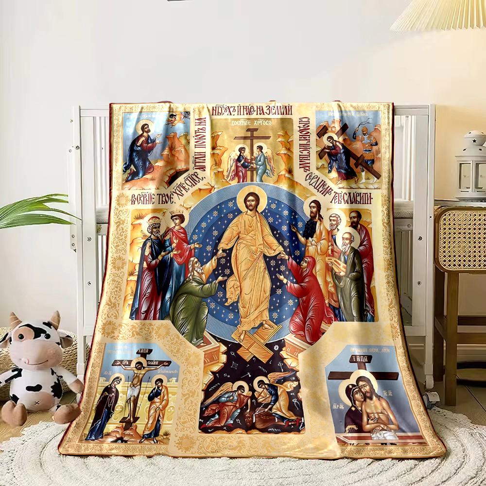 Icon of Jesus with Religious ScenesFlannel blanket for bedroom, living room, sofa, and nap