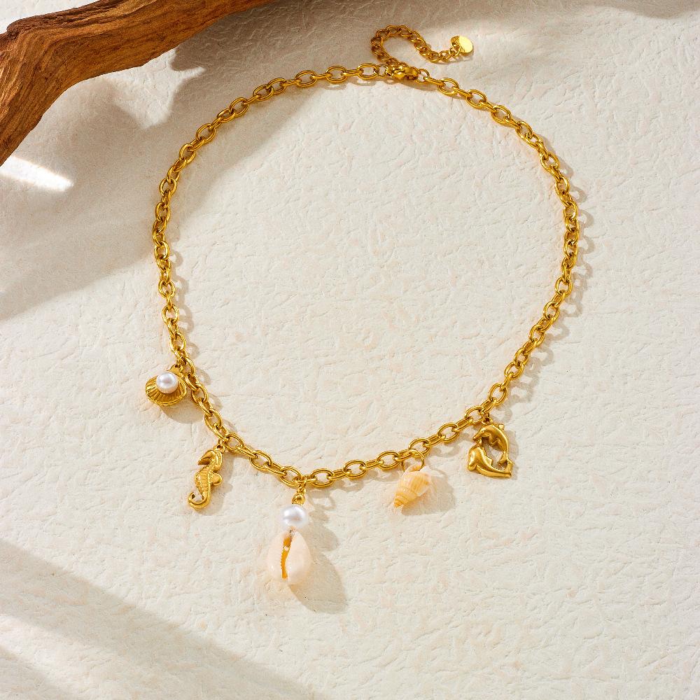 Stainless Steel Marine Style Sea Star Conch Pendant Necklace Girl Neck Jewelry Gift