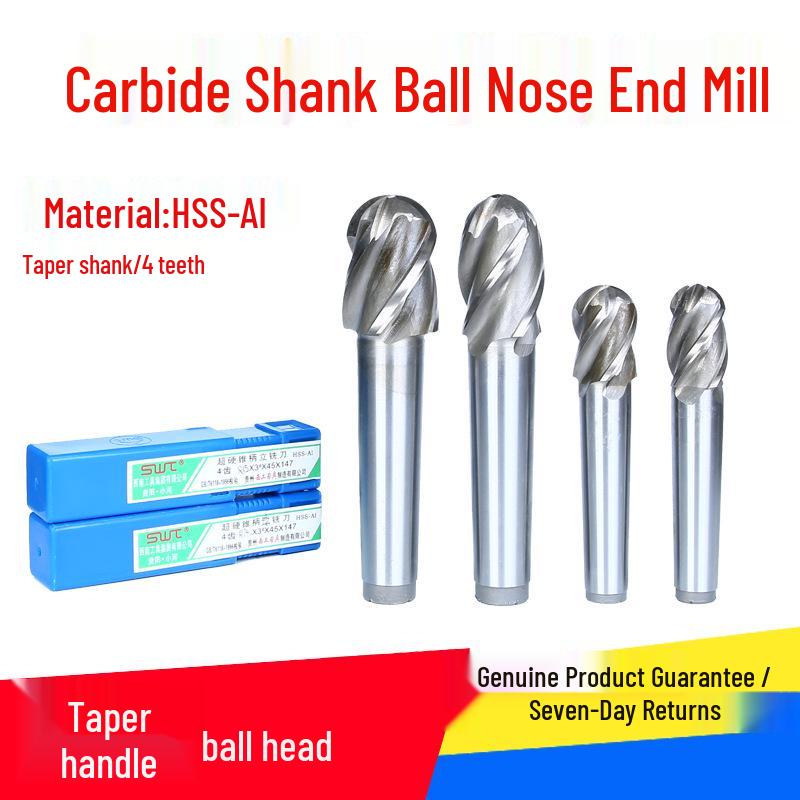 Southwest Taper Shank Ball Nose End Mill, 4 Flutes, Sizes: R10-R25