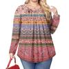 Women's Plus Size Fashion Printed Casual Pleated Round Neck Long Sleeve Top