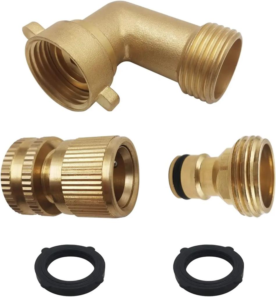 Solid Brass Garden Hose Adapter 3/4 Inch 90 Degree Elbow Connector and 3/4 Inch Hose Quick Connector