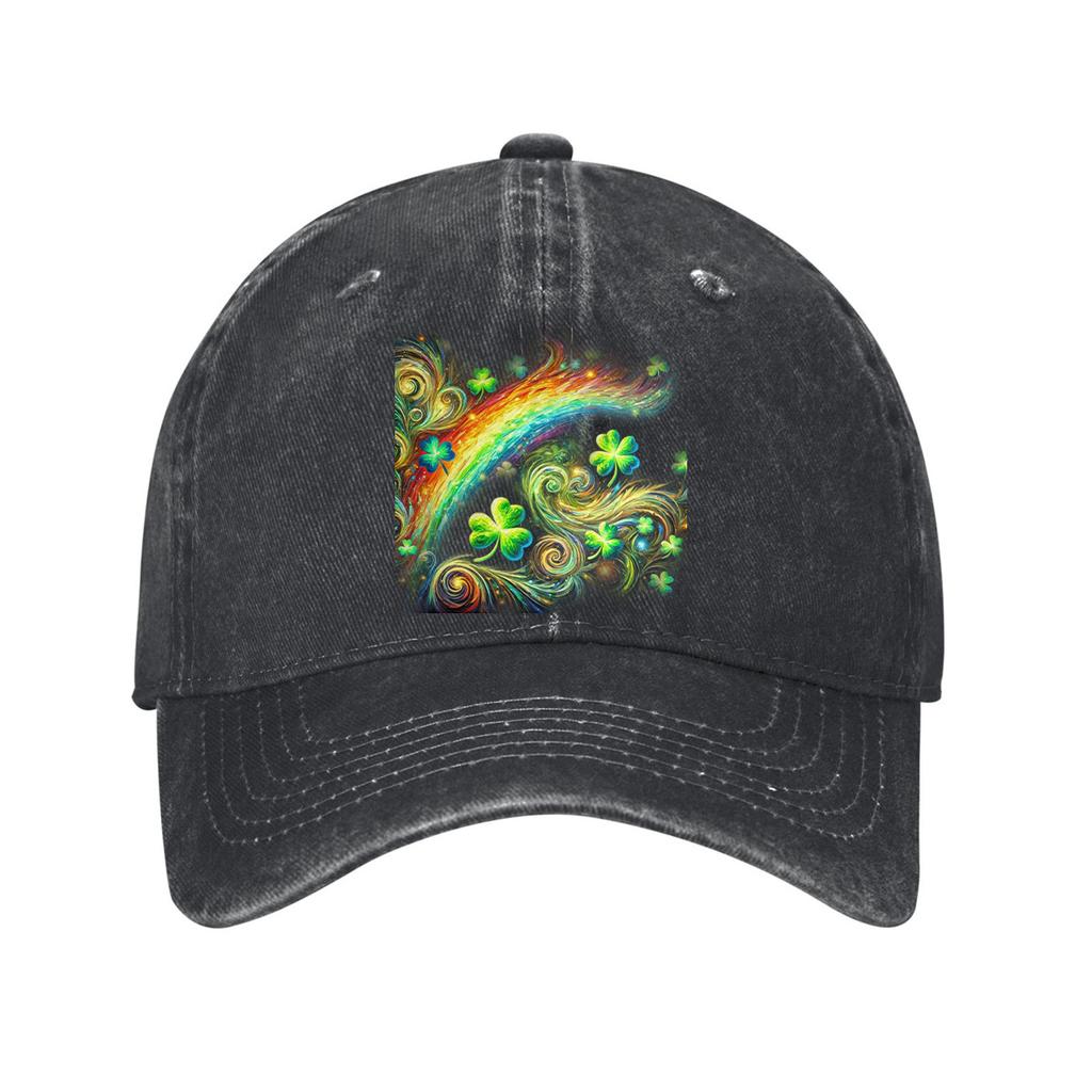 St Patricks Day Rainbow Clover Print Cotton Baseball Cap Adjustable Curved Brim Casual Dad Hat Unisex