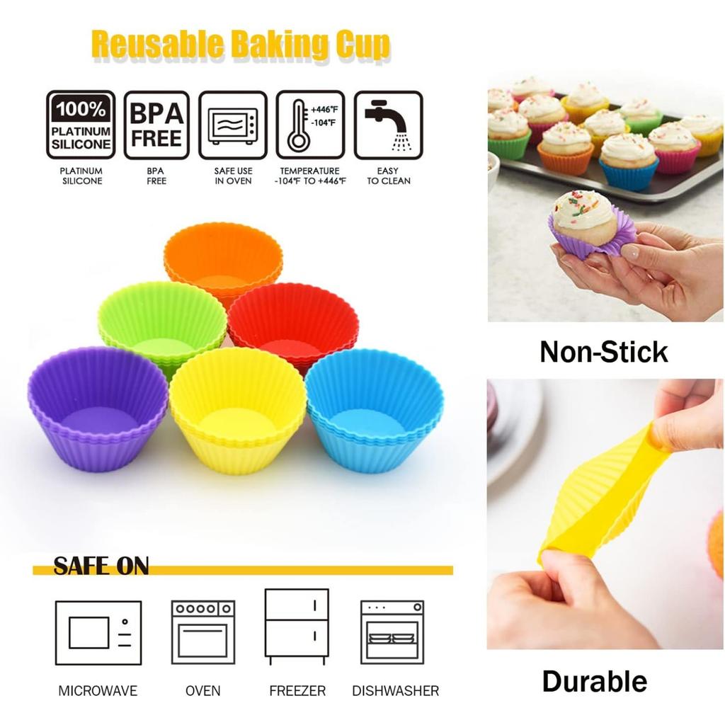 24pcs Silicone Cupcake Baking Cups Reusable & Non-stick Muffin Cupcake Liners Holders Set Easy Clean Multicolor