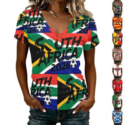 Women's V Neck Short Sleeve Lightweight T Shirt for Summer Casual Wear Football Themed Graphic Tee with National Flag Print Soft Fabric