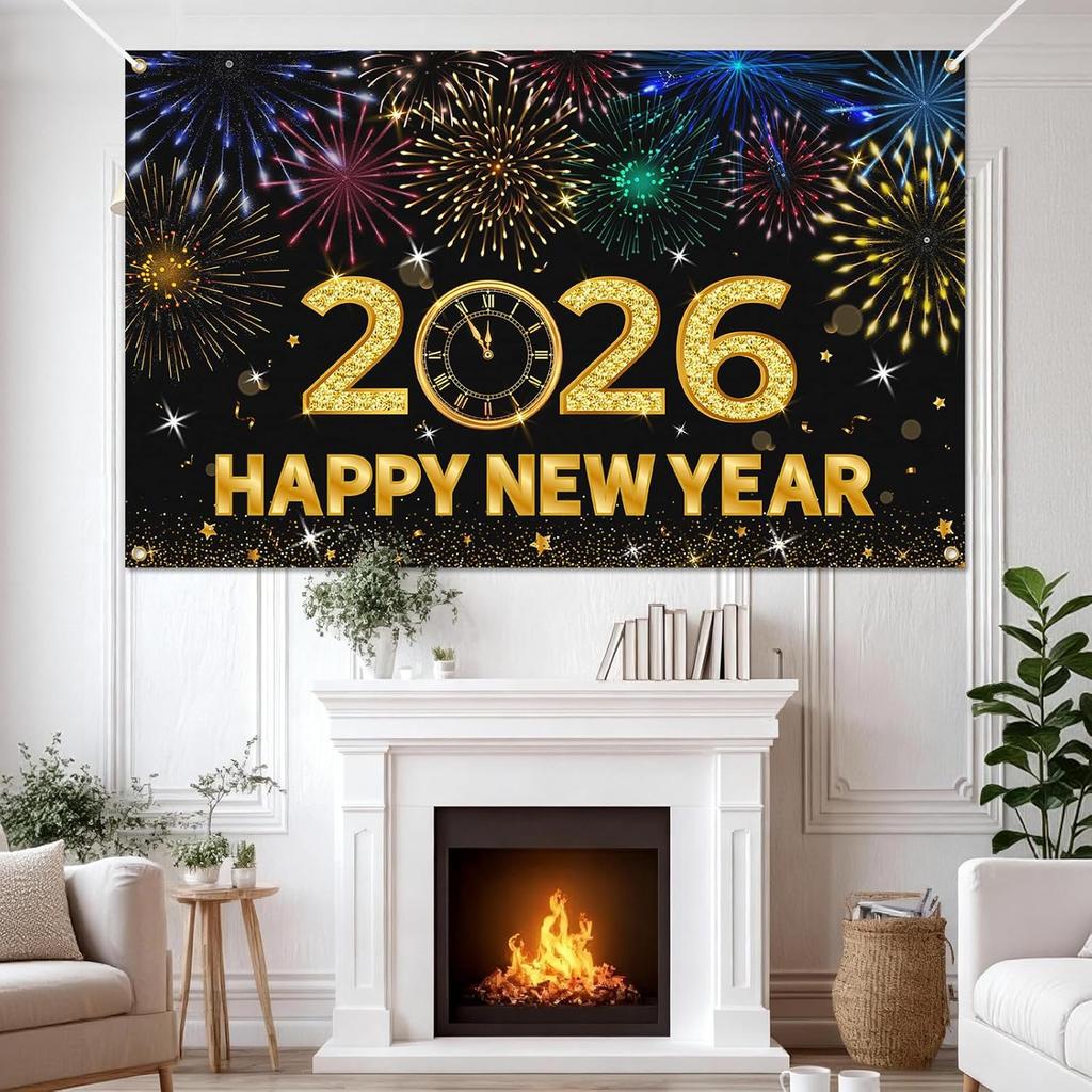 2026 Happy New Year Banner, 72x44 Inches - Golden Fabric New Year Backdrop for New Year's Eve Celebration