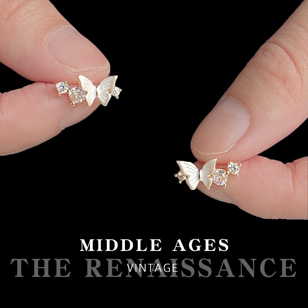 Light Satin Drip Glaze Butterfly Zircon Stud Earrings Vintage French Earrings Women