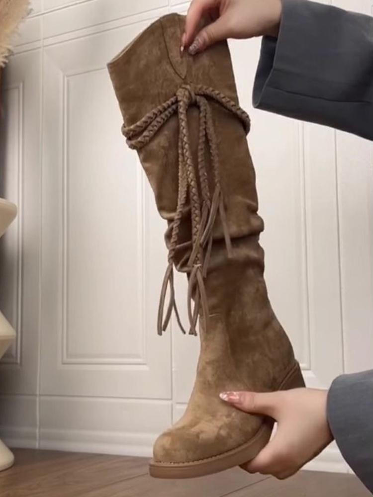 Modische runde Zehen Quasten Halbstiefel für Damen Frühling Herbst Elegant Absatz Mid-Calf Schuhe Frau Bequem Gyaru Goth Luxus Stiefel