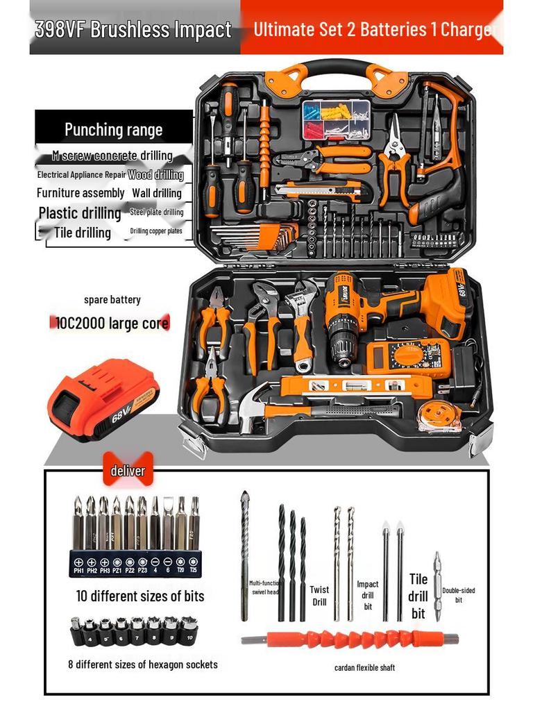 Multifunction Electric Handheld Drill & Screwdriver Set - Impact, Woodworking, Pistol Drills with Toolbox