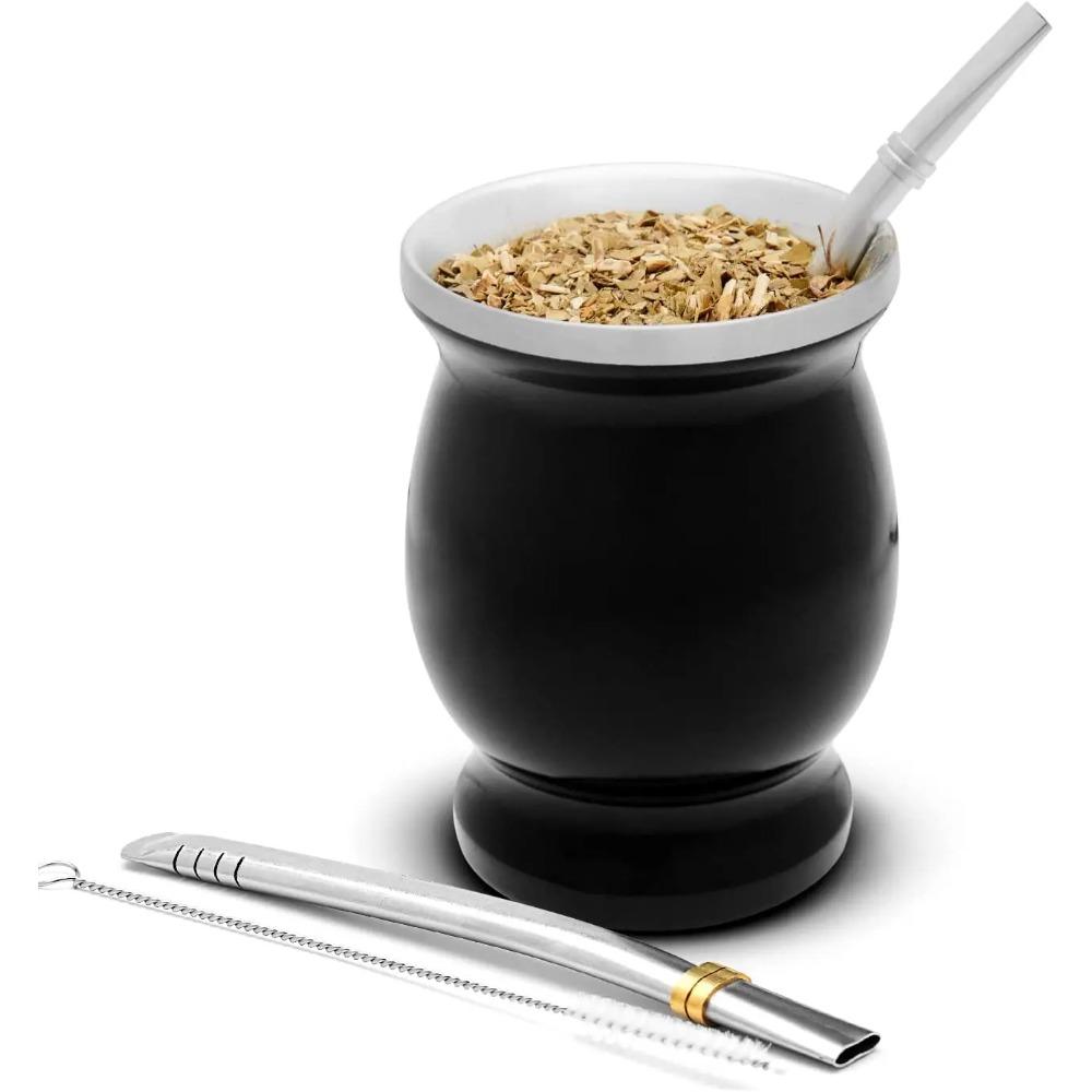 

Yerba Mate Натуральный набор из тыквы/чашек для чая с крышкой (Оригинальная традиционная чашка для мате - 230 мл) | Включает 2 бомбильи (Соломинки для Йерба Мате) чёрный