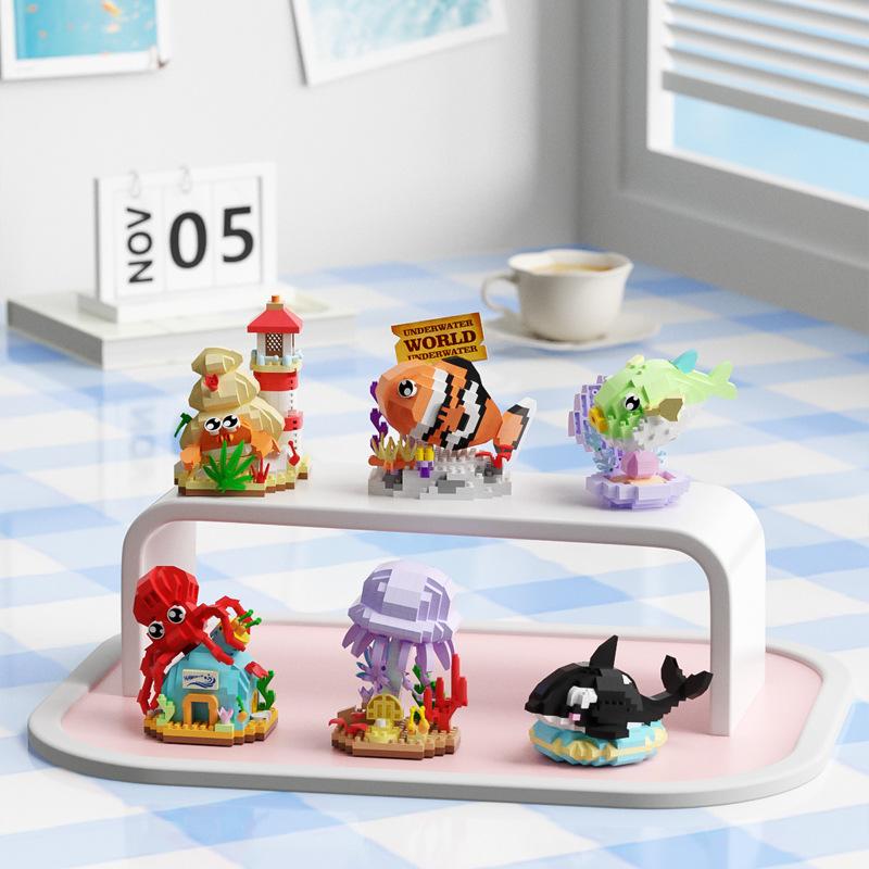 New Simulated Marine Organism Microparticle Assembly Building Blocks Underwater World Whale Model Children's Educational Toys