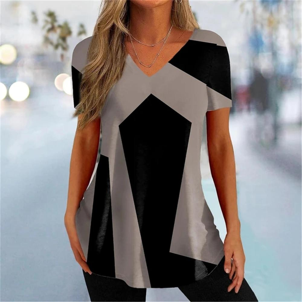Simple Curve Digital 3D Print Fashion Women Tshirt Pullover Daily Suitable All Seasons Splicing Short Sleeves Polyester V-Neck