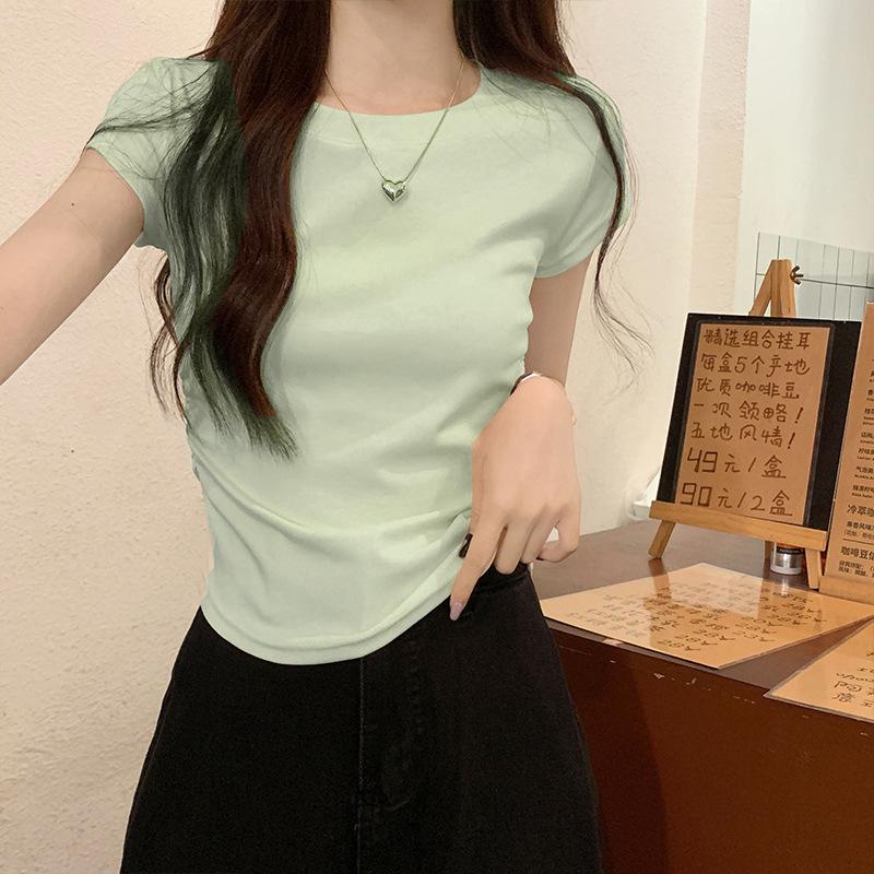 Round Neck T-shirt Short-sleeved Women's Summer New Slim Half-sleeved American Inner Top French Waist Pinch