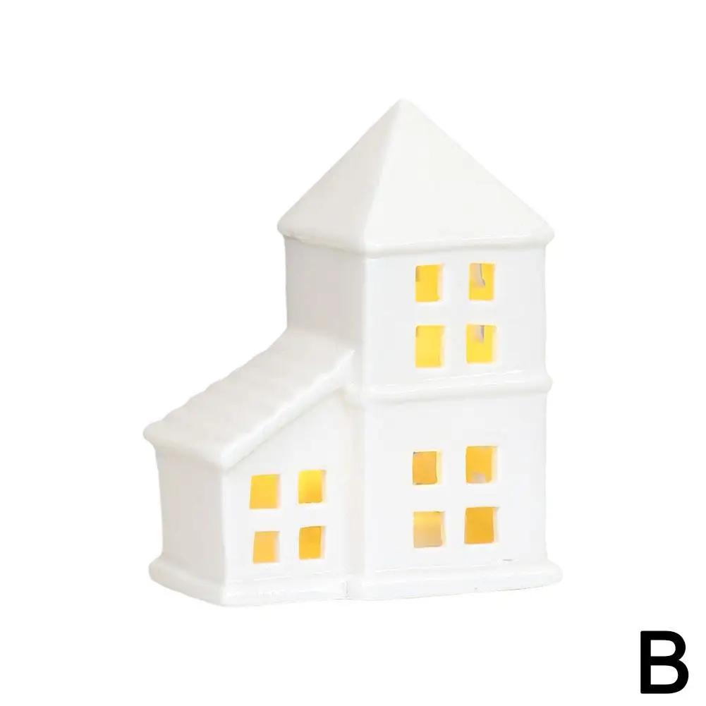 Christmas Tree House Ceramic Ornament Creative Luminous Snow Scene Ornament Decoration Small Desktop Christmas House J4L7