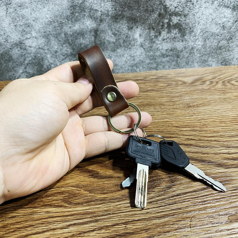 Vintage Crazy Horse Leather Keychain - Unisex Bronze Key Ring for Gifts
