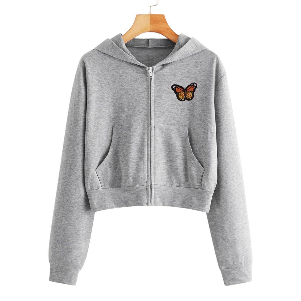 Women Embroidery Butterfly Long Sleeve Zipper Pocket Shirt Hooded Sweatshirt Top