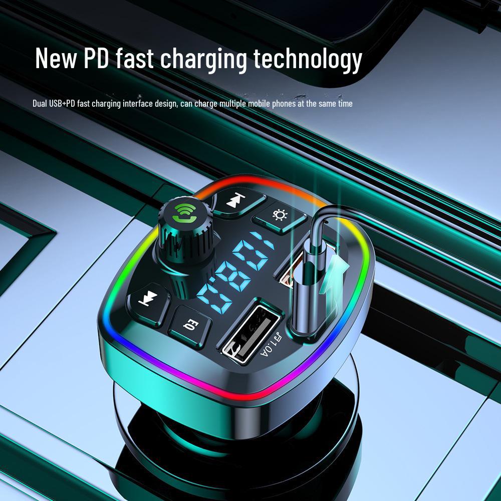 Car Bluetooth MP3 Player with Hands-Free Calling, Voice Broadcast, PD Fast Charging, and USB Flash Drive.