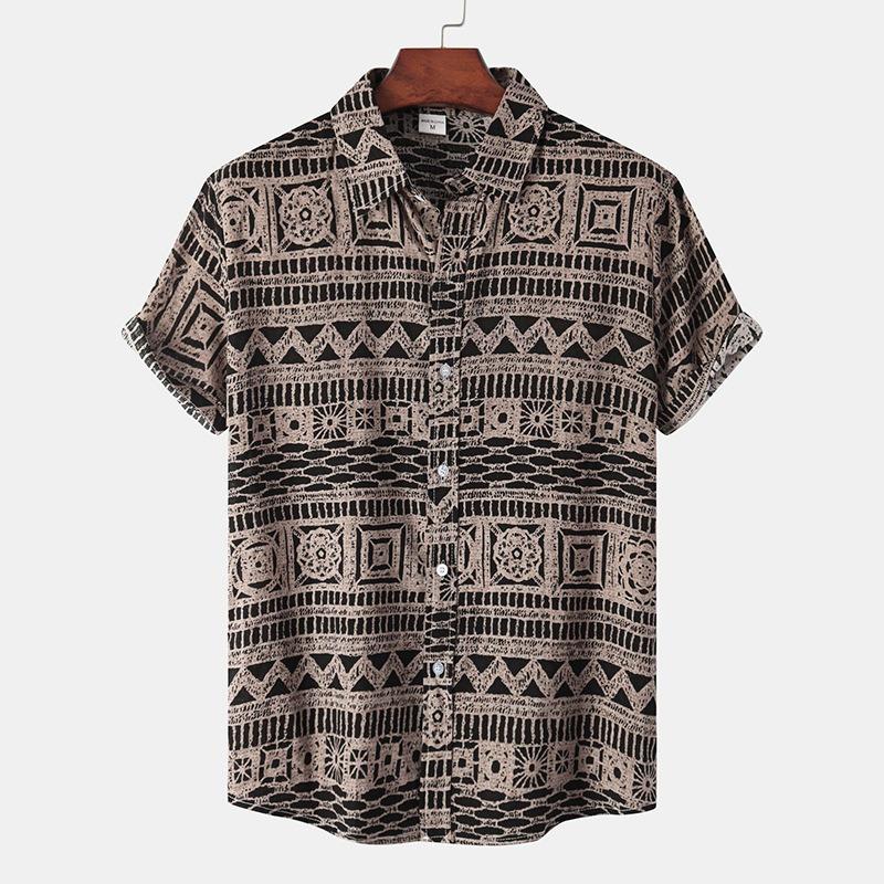 Men Short Sleeve Button Down Shirt Geometric Diamond Print Casual Summer Beach Shirt
