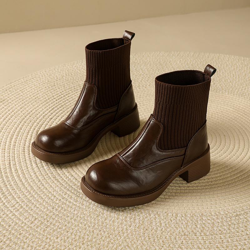 

Popular British style elastic thin socks boots women s 2025 new autumn and winter viral trends short boots 39 коричневий