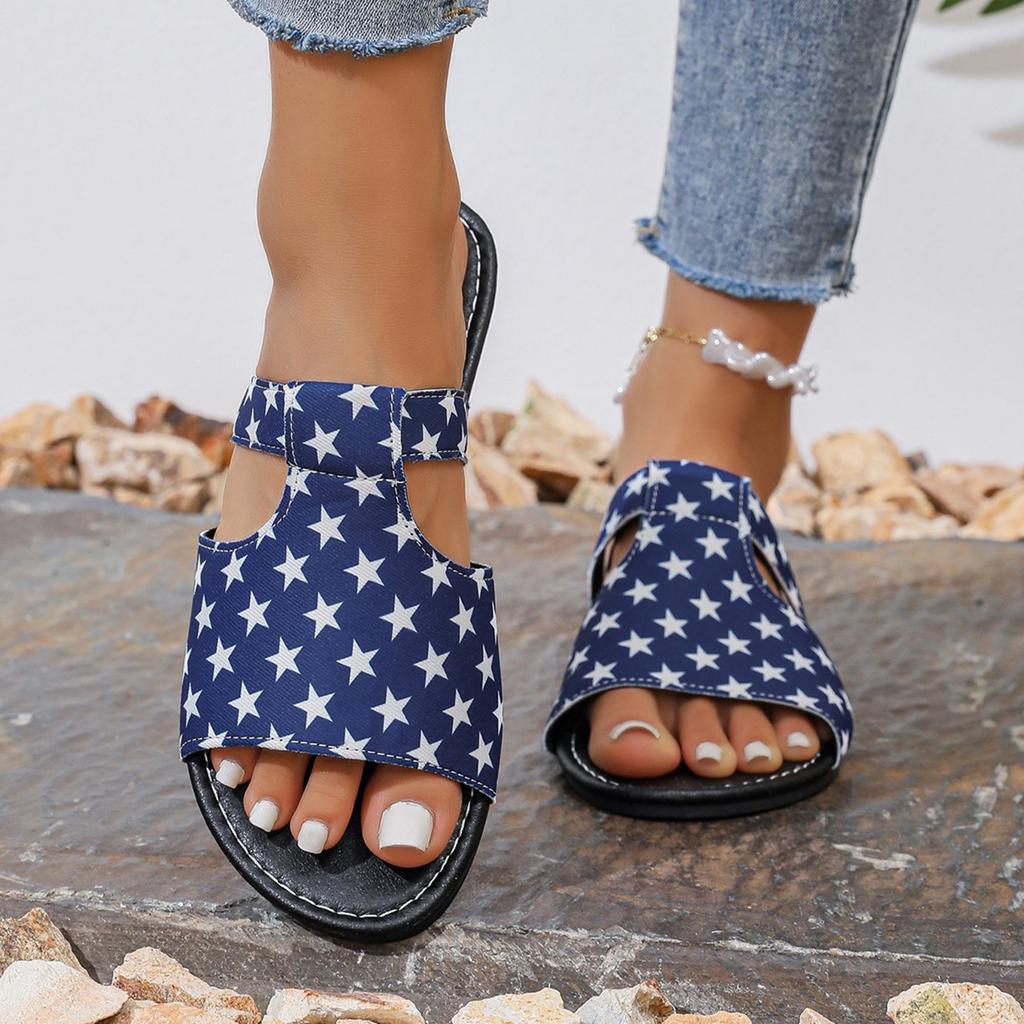 Women Slip On Sandals Star Pattern Open Toe Flat Slide Sandals Casual Comfortable Footwear for Daily Wear