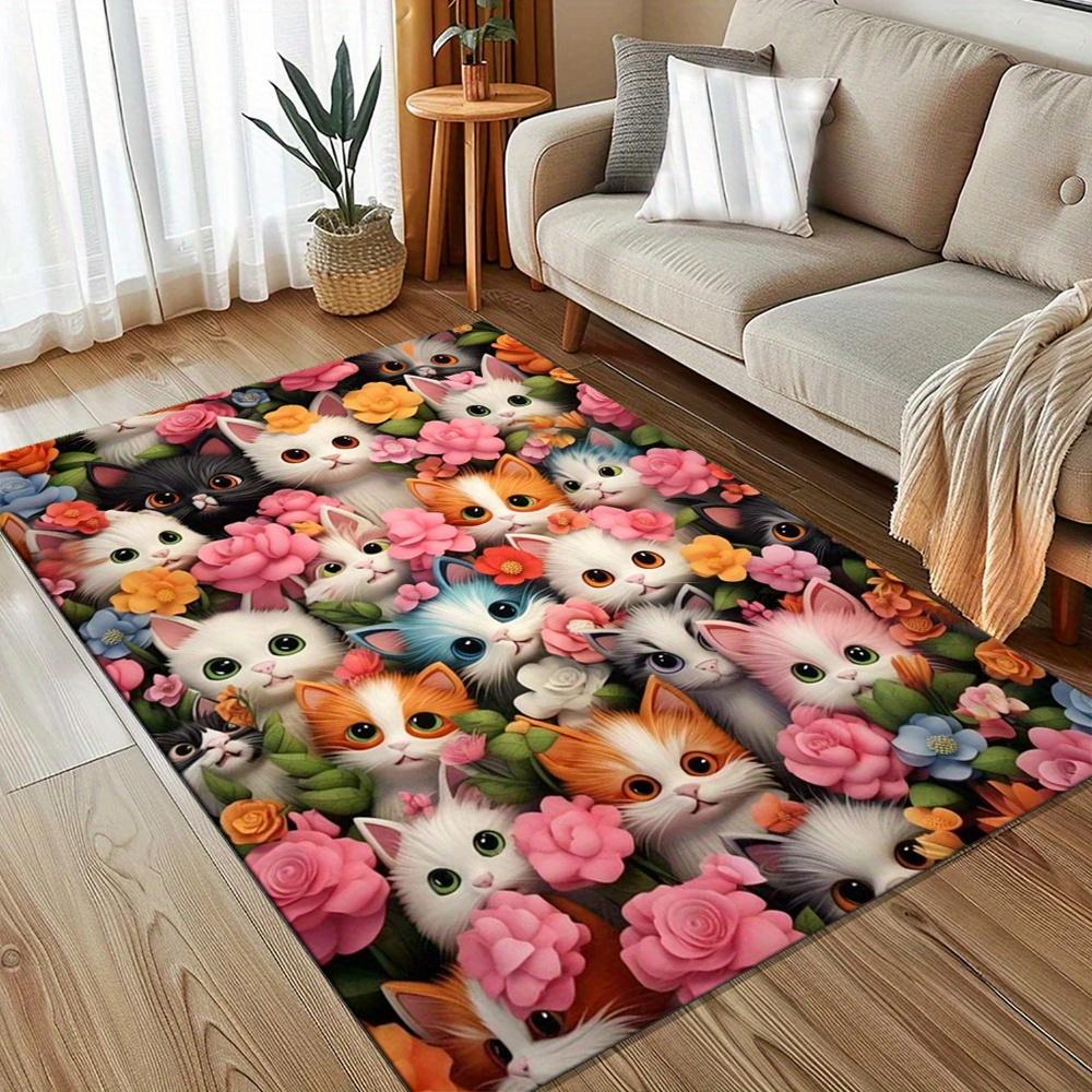 Polyester Area Rug with Cute Cats and Flowers Print - Antiskid Home Decor Carpet for Living Room, Bedroom, Chair Mat - Durable