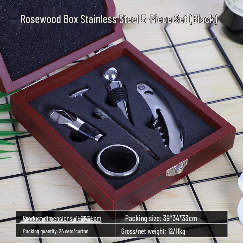 Premium Wine Opener Gift Set: Stainless Steel Pourer, Leather & Wooden Box, Waiter's Knife Corkscrew Barware