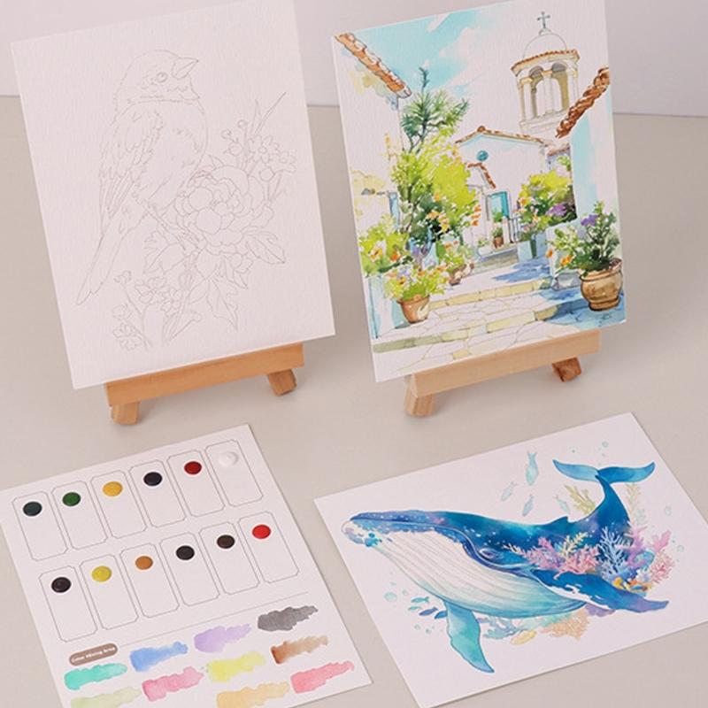 Art Doodling Book with 12 Color Watercolor Paint Water Brush Pen Stress Relief Painting Book For Children Adult Drawing