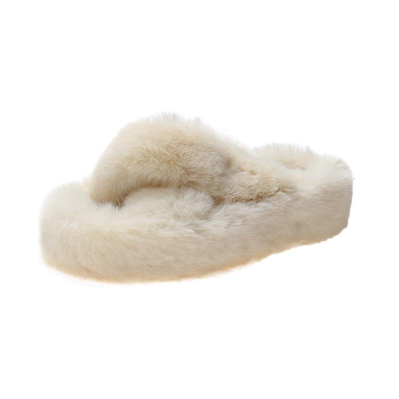 2025 Women's Open Toe Cross-Strap Fur Slippers: Autumn/Winter Fashion, Thick Sole, Height Boosting