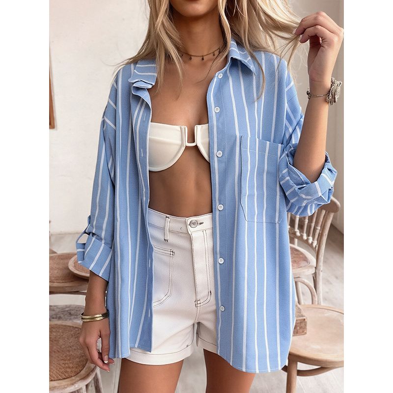 European and American Long Stripe Shirts Women 2025 New Loose Idle Style Fashion Long sleeve Cardigan Top Shirt