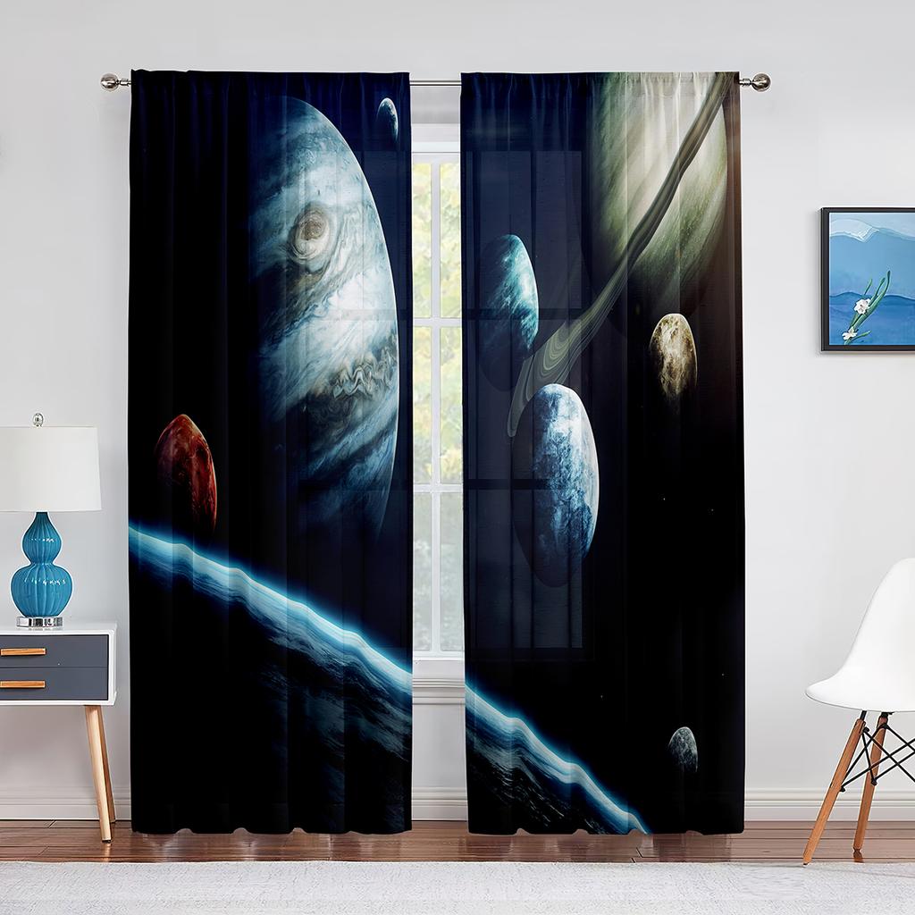 Galaxy Tulle Curtains Blue Red Planets Orbital Ring Stars Outer Space Sheer Voile Curtain for Living Room Bedroom Kitchen Decor