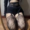 Mu Ruan Sexy JK Netzstrumpf-Halter mit offenem Schritt und floralem Totem-Muster - Schwarzer hohler Strumpf-Romper