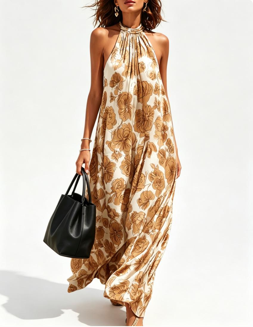 Women Floral Print Halter Neck Maxi Dress Elegant Sleeveless A Line Summer Dress S