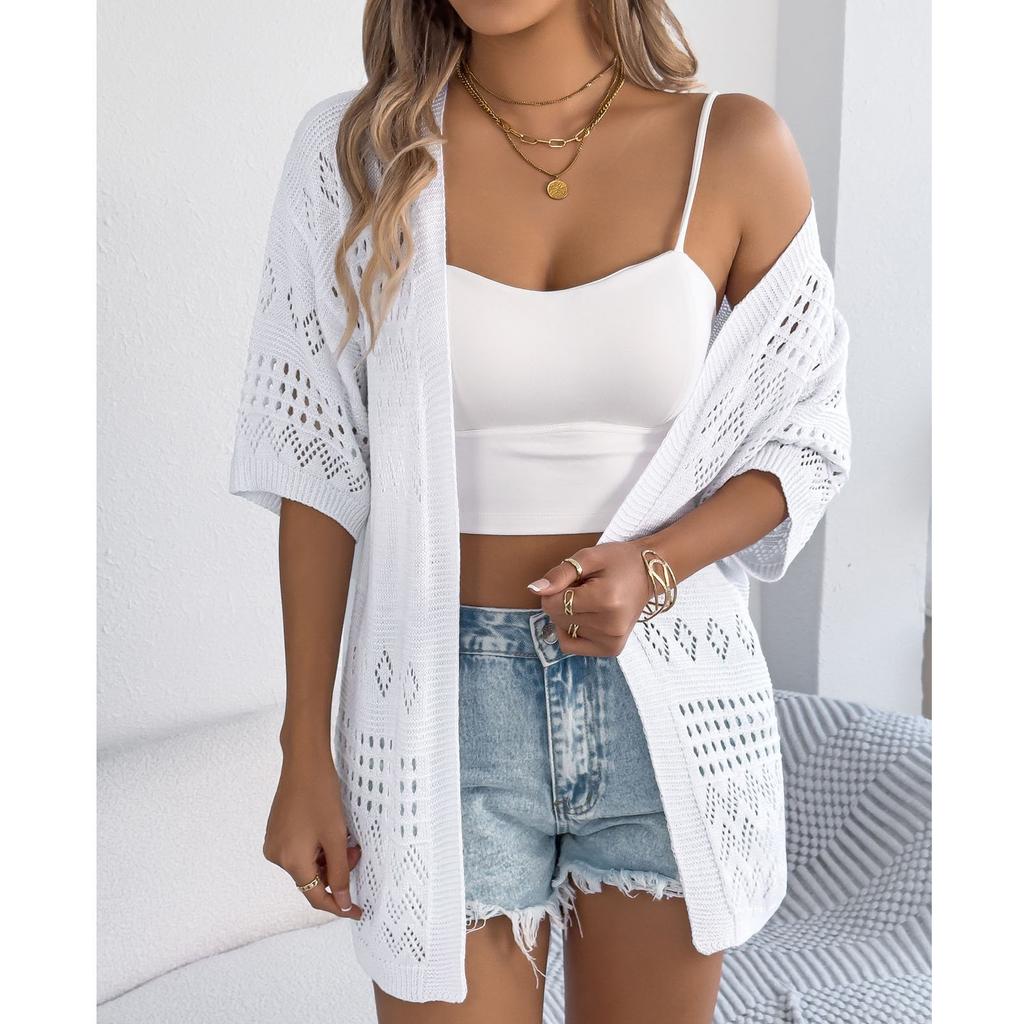 Women's Casual And Fashionable Solid Color Hollow Out Mid Sleeve Knitted Cardigan