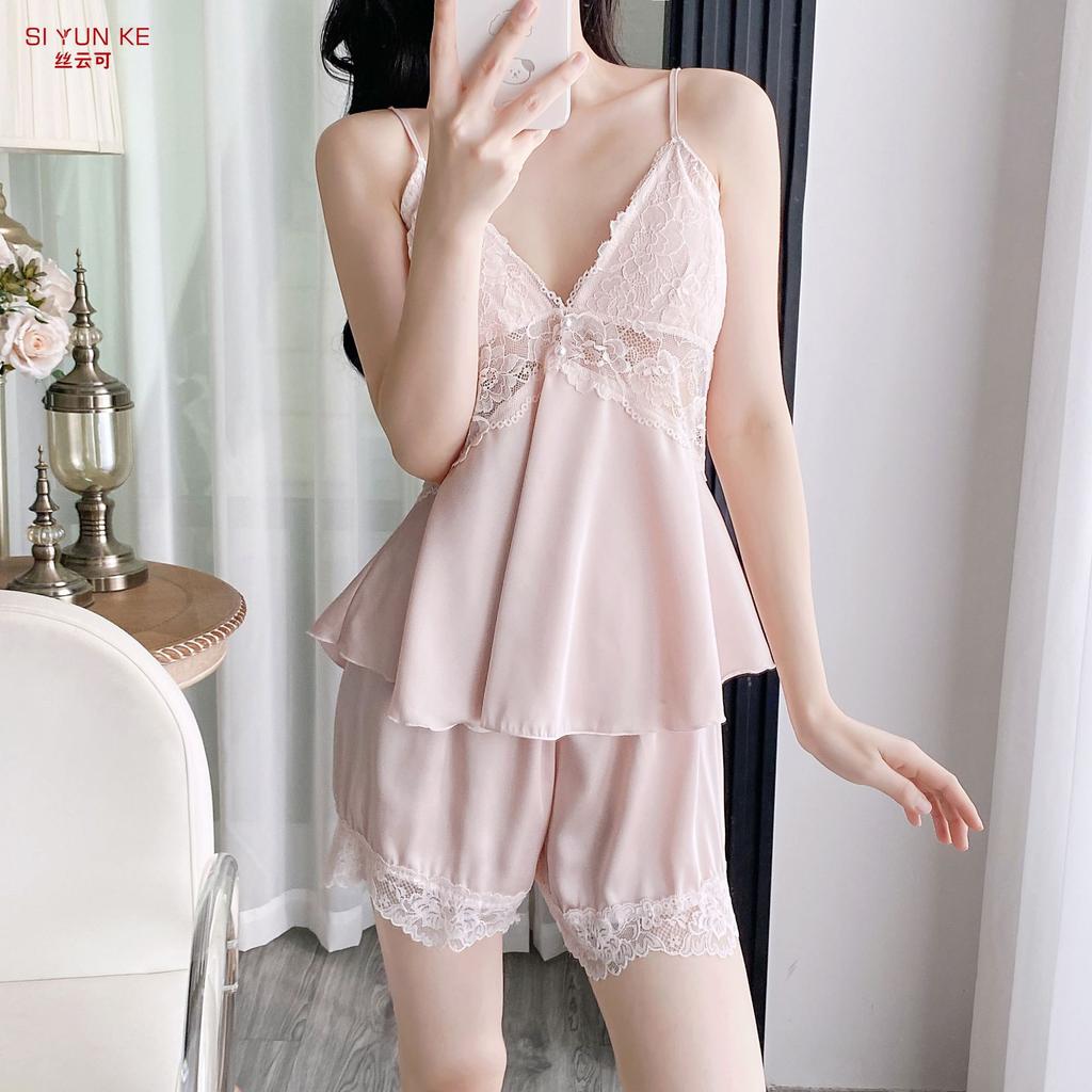 New Ice Silk Pajamas Women's Summer Suspender Nightdress Lace Lace with Chest Pad Pure Desire Style Loungewear Two-piece Set