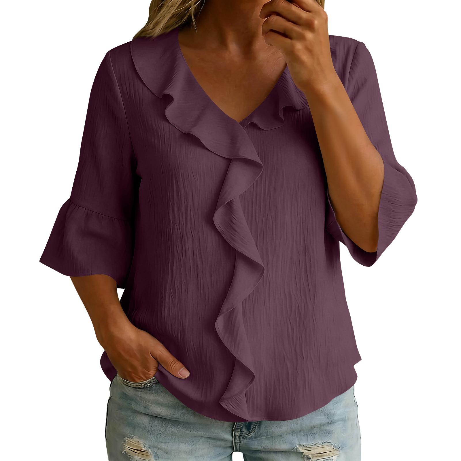 Womens ShrotSleeveTops Cotton Linen Button Down Shirts V Neck Pleated Casual Loose Sleeve Shirt M фиолетовый