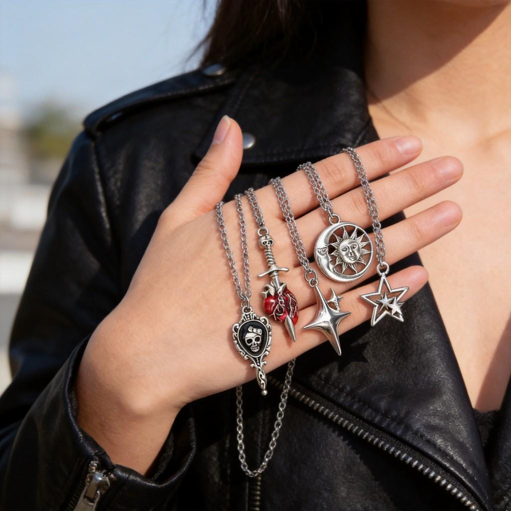 Gothic Punk Star Heart Moon Sun Skull Pendant Necklace For Women