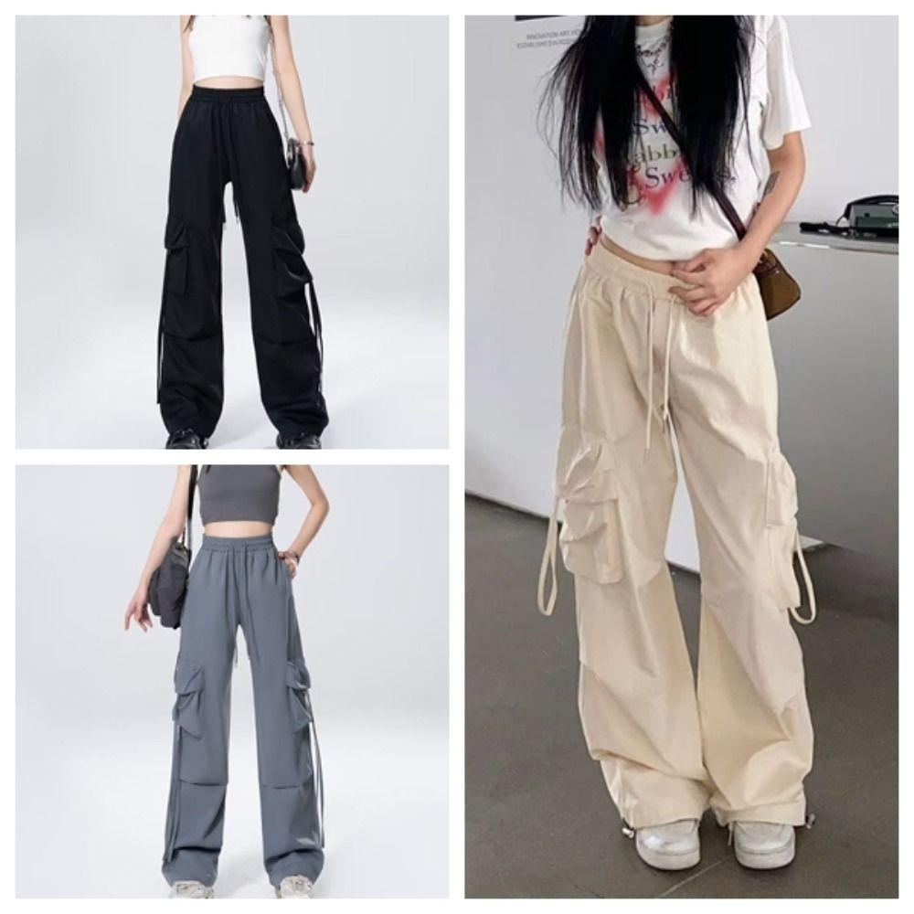 Drawstring Wide Leg Sweatpants Multi-pockets Women Joggers Trousers Baggy Cargo Pants  Sports