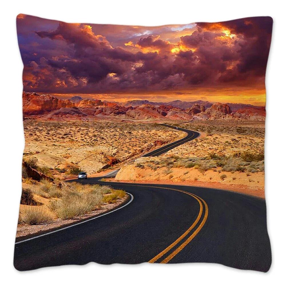 Poszewka na poduszkę w stylu retro Route 66 Dekoracja domu Poliestrowa poszewka na poduszkę na sofę Samochód Poszewka na poduszkę do rzucania Naturalny krajobraz Funda Cojin