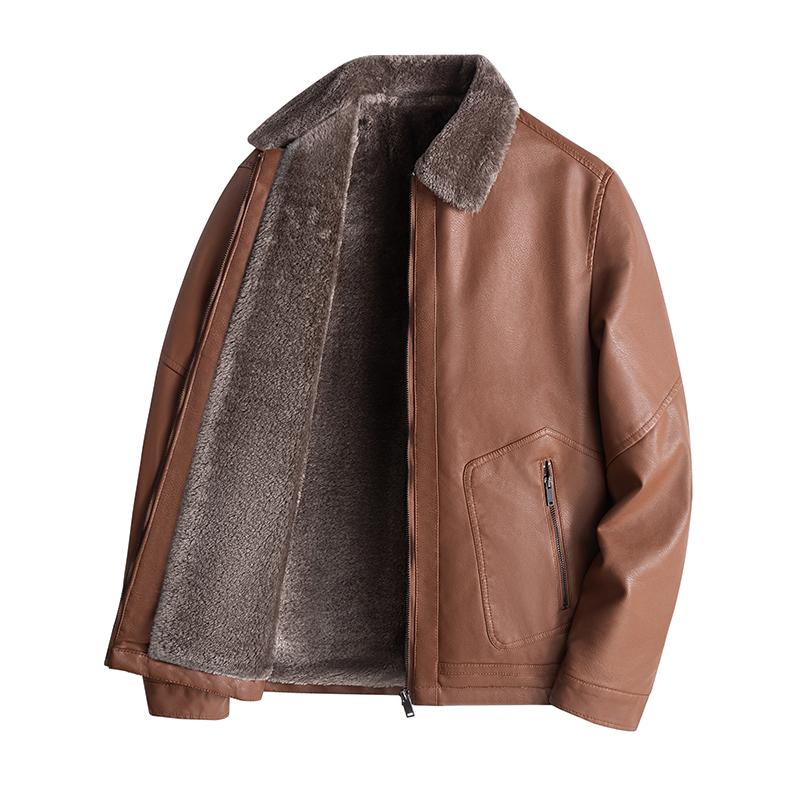 Fashion Casual Mens PU Leather Jacket Autumn Winter Thick Fleece Warm Outerwear Light Business Lapel Versatile Coat