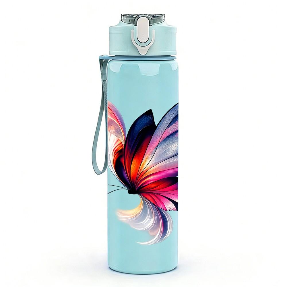 1PC Watercolor Butterfly Art Pattern 750ml Color Plastic Sports Water Bottle Leakproof Flip Straw Lid Suitable for Sports Office Home Use