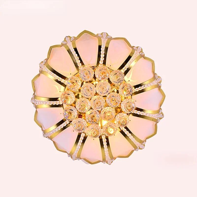 Lampă de tavan cu LED-uri din cristal de lotus, templu budist european simplu, pentru cameră de zi, culoare aurie, lumină rotundă, pentru dormitor, pentru cameră caldă