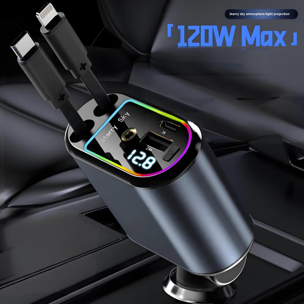 Retractable Car Charger 120W Starry Sky Top Projection Light Four-In-One Type-C+Lightning Dual Wires Usb+Pd Expansion Socket
