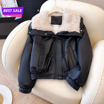 Lammwolle PU-Leder Einfarbig Jacke Koreanische Version Daunenbaumwolle Dick Locker Baumwolljacke