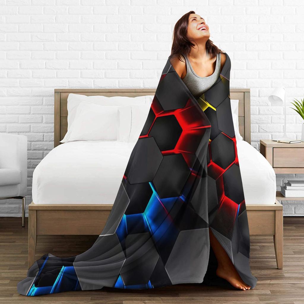 Glowing Geometric Shapes On Dark Warm Blanket  Child Plush Throw Blanket Aesthetic Couch Bed Flannel Bedspread Sofa Bed Cover